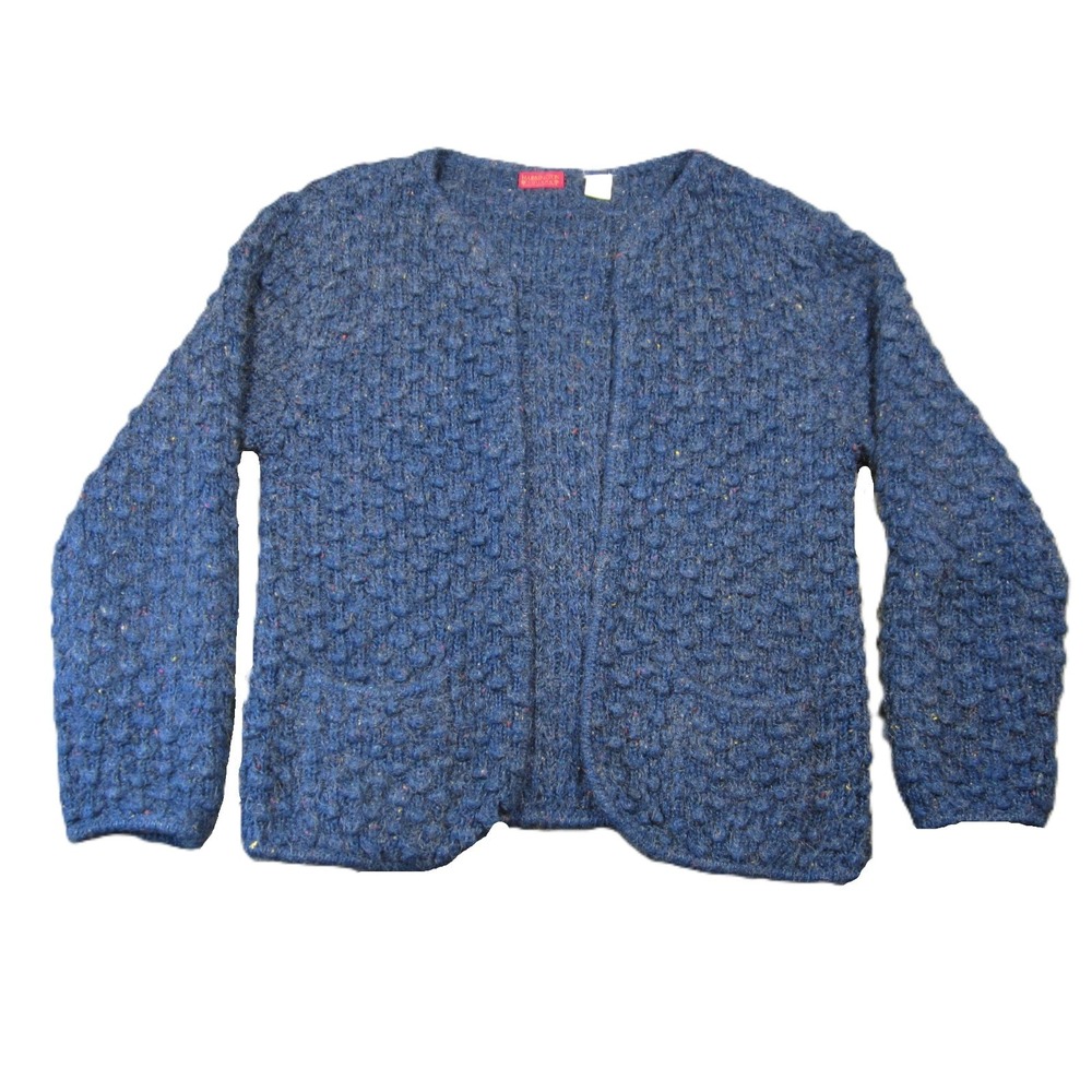 Vtg Harrington Square Cardigan Womens L Blue Bubble Knit Wool Blend Cozy Cottage